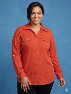 Cotton Express Rust Orange Button Down Stretch Utility Shirt 1X